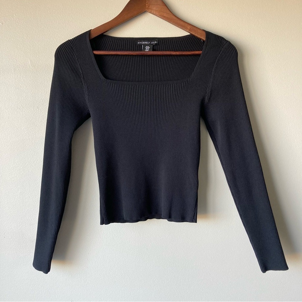 Sincerely Jules Black Square Neck Ribbed Long Sleeve Knit Top Womens Medium